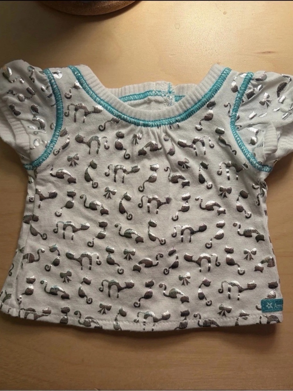 American Girl Short Sleeve Tee with Teal Trim and Metallic Cat Print
